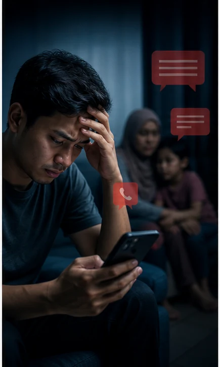 Ilustrasi peminjam tertekan menerima ugutan telefon daripada pemberi pinjam wang tidak berlesen